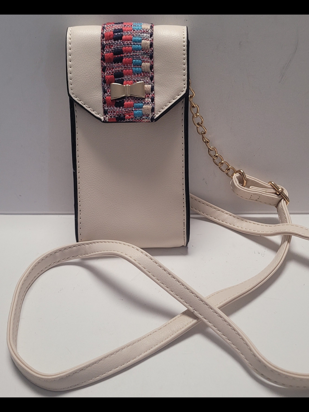 Olivia And Kate Cream Crossbody Phone Bag with Colorful Woven Accent